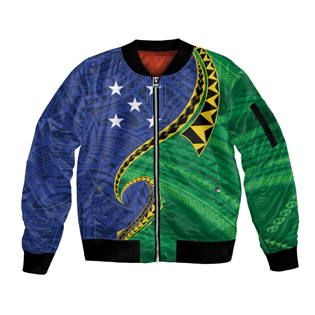 Solomon Islands Independence Day 1978 Personalised Sleeve Zip Bomber Jacket Polynesian Pattern with Flag Style LT9 Unisex Blue - Polynesian Pride