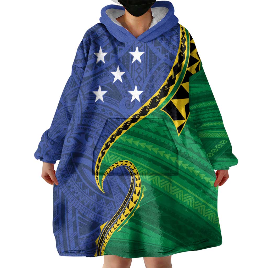 Solomon Islands Independence Day 1978 Personalised Wearable Blanket Hoodie Polynesian Pattern with Flag Style