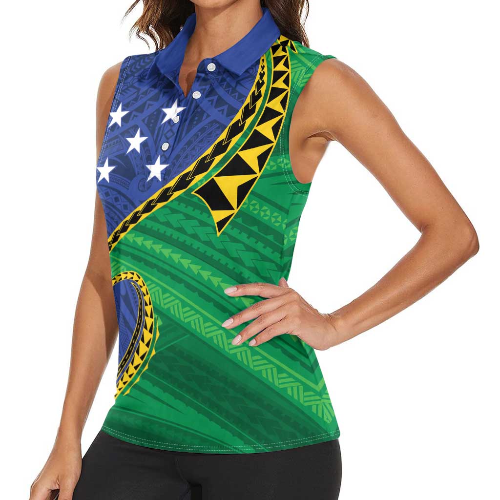 Solomon Islands Independence Day 1978 Personalised Women Sleeveless Polo Shirt Polynesian Pattern with Flag Style LT9 - Polynesian Pride