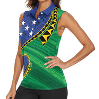 Solomon Islands Independence Day 1978 Personalised Women Sleeveless Polo Shirt Polynesian Pattern with Flag Style LT9 - Polynesian Pride