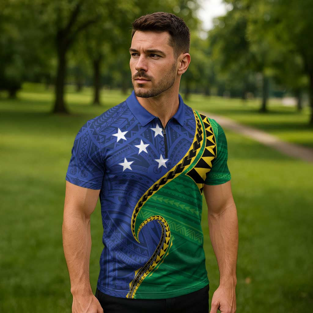 Solomon Islands Independence Day 1978 Personalised Zipper Polo Shirt Polynesian Pattern with Flag Style LT9 - Polynesian Pride