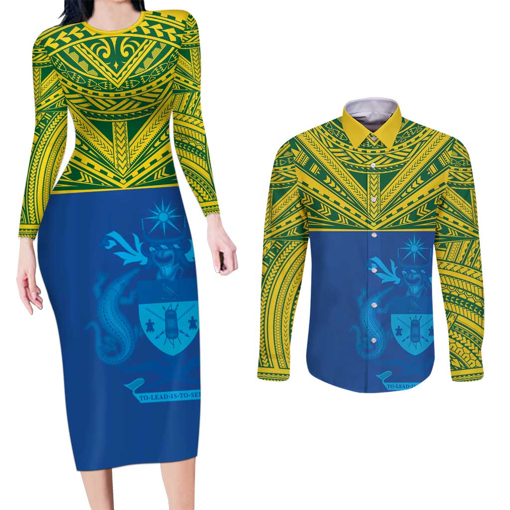 Solomon Islands Rugby Custom Couples Matching Long Sleeve Bodycon Dress and Long Sleeve Button Shirt Simple Coat of arm Polynesian Pattern LT9 Gold - Polynesian Pride