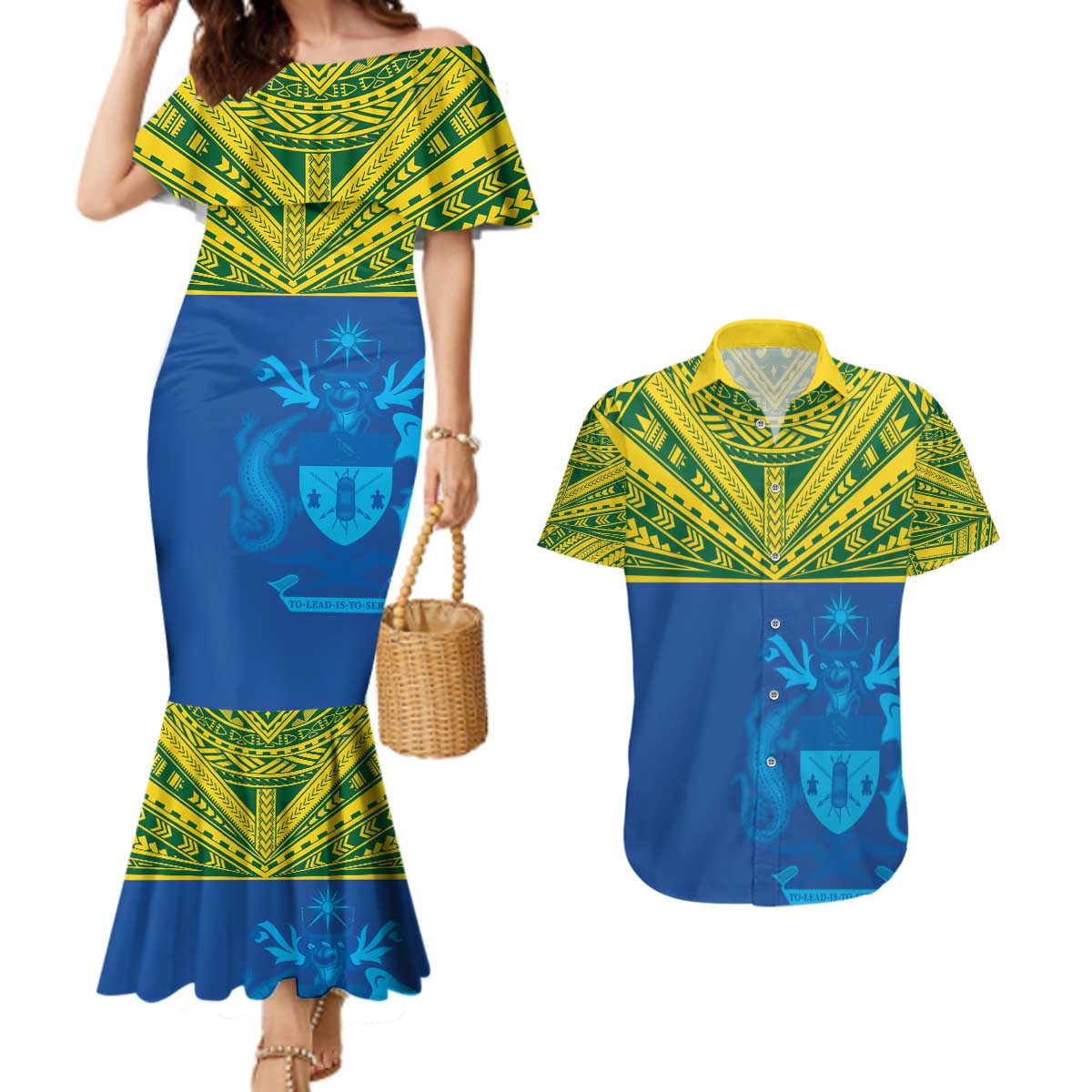 Solomon Islands Rugby Custom Couples Matching Mermaid Dress and Hawaiian Shirt Simple Coat of arm Polynesian Pattern