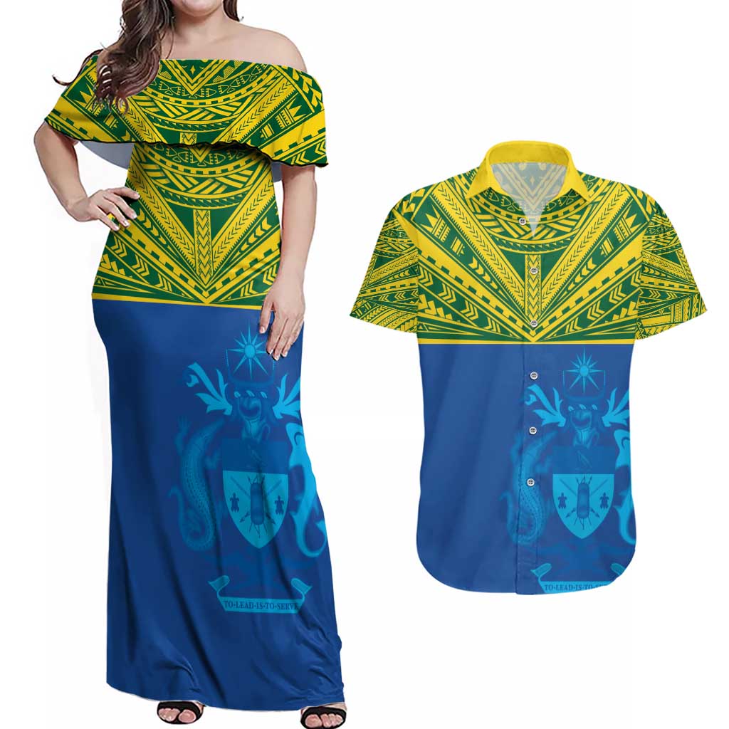 Solomon Islands Rugby Custom Couples Matching Off Shoulder Maxi Dress and Hawaiian Shirt Simple Coat of arm Polynesian Pattern LT9 Gold - Polynesian Pride