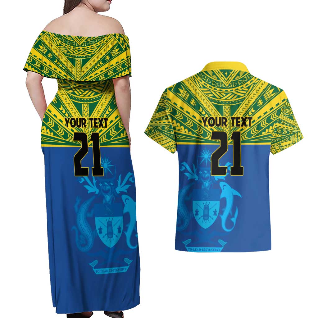 Solomon Islands Rugby Custom Couples Matching Off Shoulder Maxi Dress and Hawaiian Shirt Simple Coat of arm Polynesian Pattern LT9 - Polynesian Pride