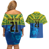 Solomon Islands Rugby Custom Couples Matching Off Shoulder Short Dress and Hawaiian Shirt Simple Coat of arm Polynesian Pattern