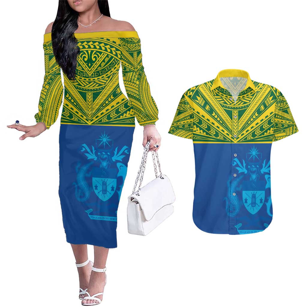 Solomon Islands Rugby Custom Couples Matching Off The Shoulder Long Sleeve Dress and Hawaiian Shirt Simple Coat of arm Polynesian Pattern