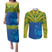 Solomon Islands Rugby Custom Couples Matching Puletasi and Long Sleeve Button Shirt Simple Coat of arm Polynesian Pattern LT9 Gold - Polynesian Pride