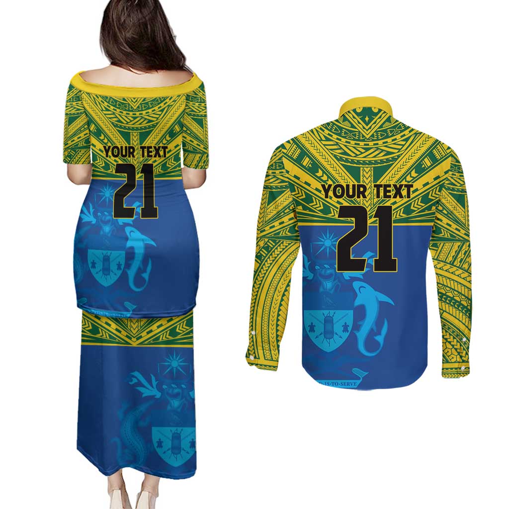 Solomon Islands Rugby Custom Couples Matching Puletasi and Long Sleeve Button Shirt Simple Coat of arm Polynesian Pattern LT9 - Polynesian Pride