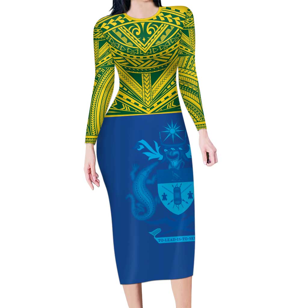 Solomon Islands Rugby Custom Family Matching Long Sleeve Bodycon Dress and Hawaiian Shirt Simple Coat of arm Polynesian Pattern