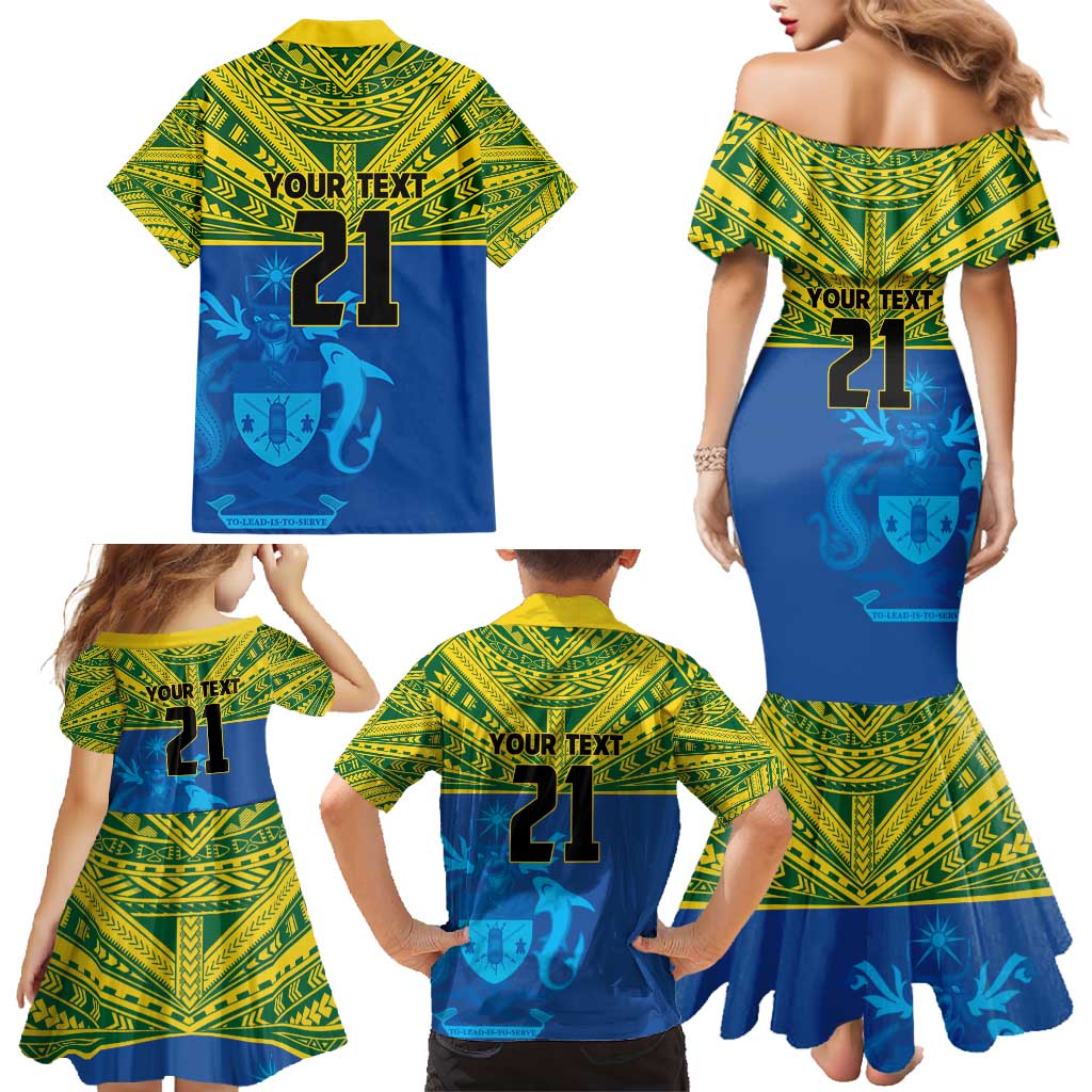 Solomon Islands Rugby Custom Family Matching Mermaid Dress and Hawaiian Shirt Simple Coat of arm Polynesian Pattern