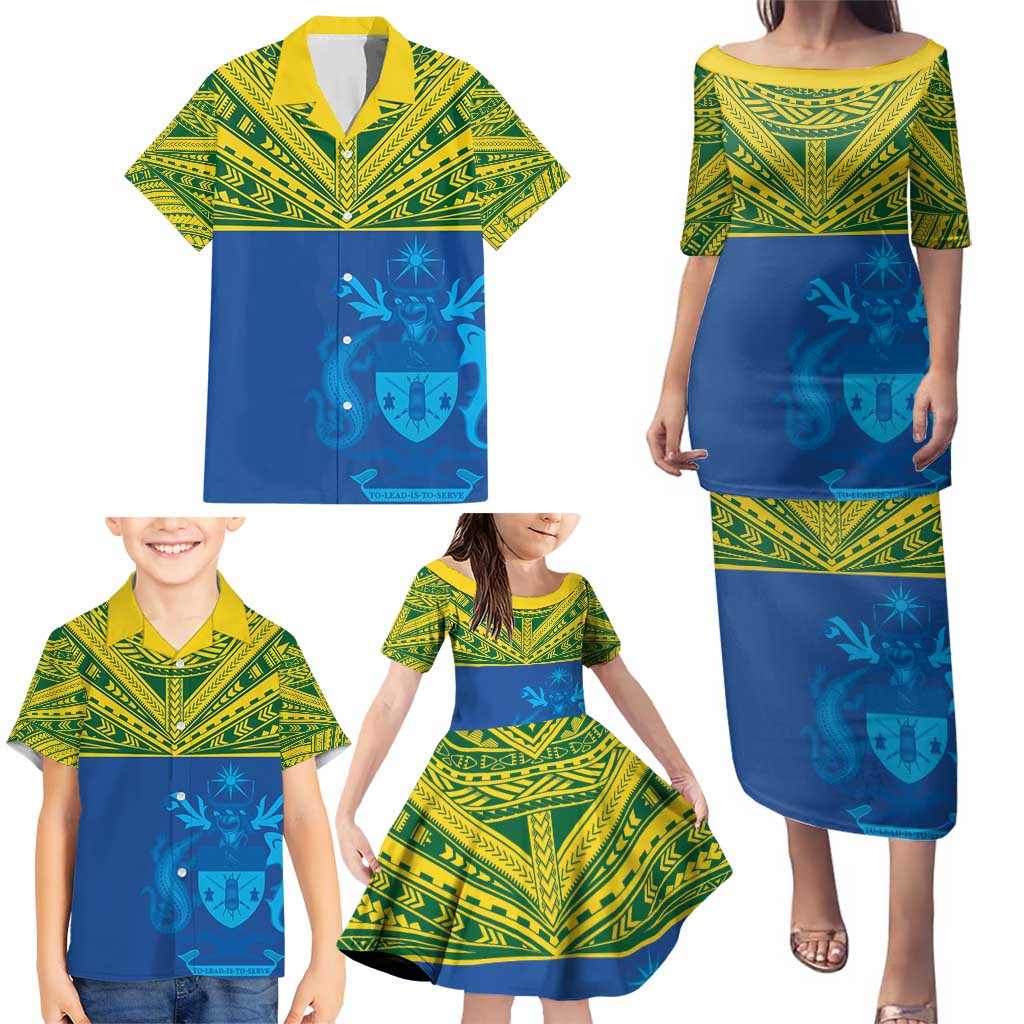 Solomon Islands Rugby Custom Family Matching Puletasi and Hawaiian Shirt Simple Coat of arm Polynesian Pattern