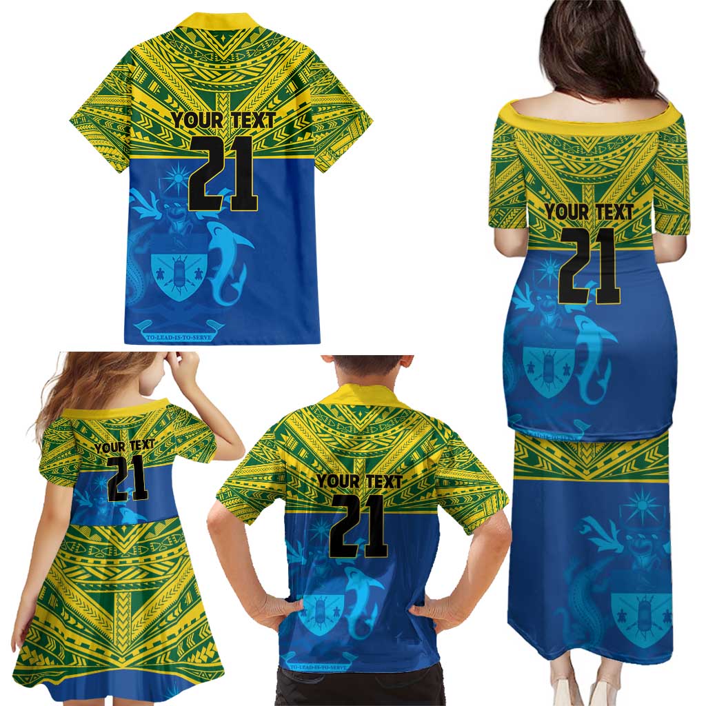 Solomon Islands Rugby Custom Family Matching Puletasi and Hawaiian Shirt Simple Coat of arm Polynesian Pattern