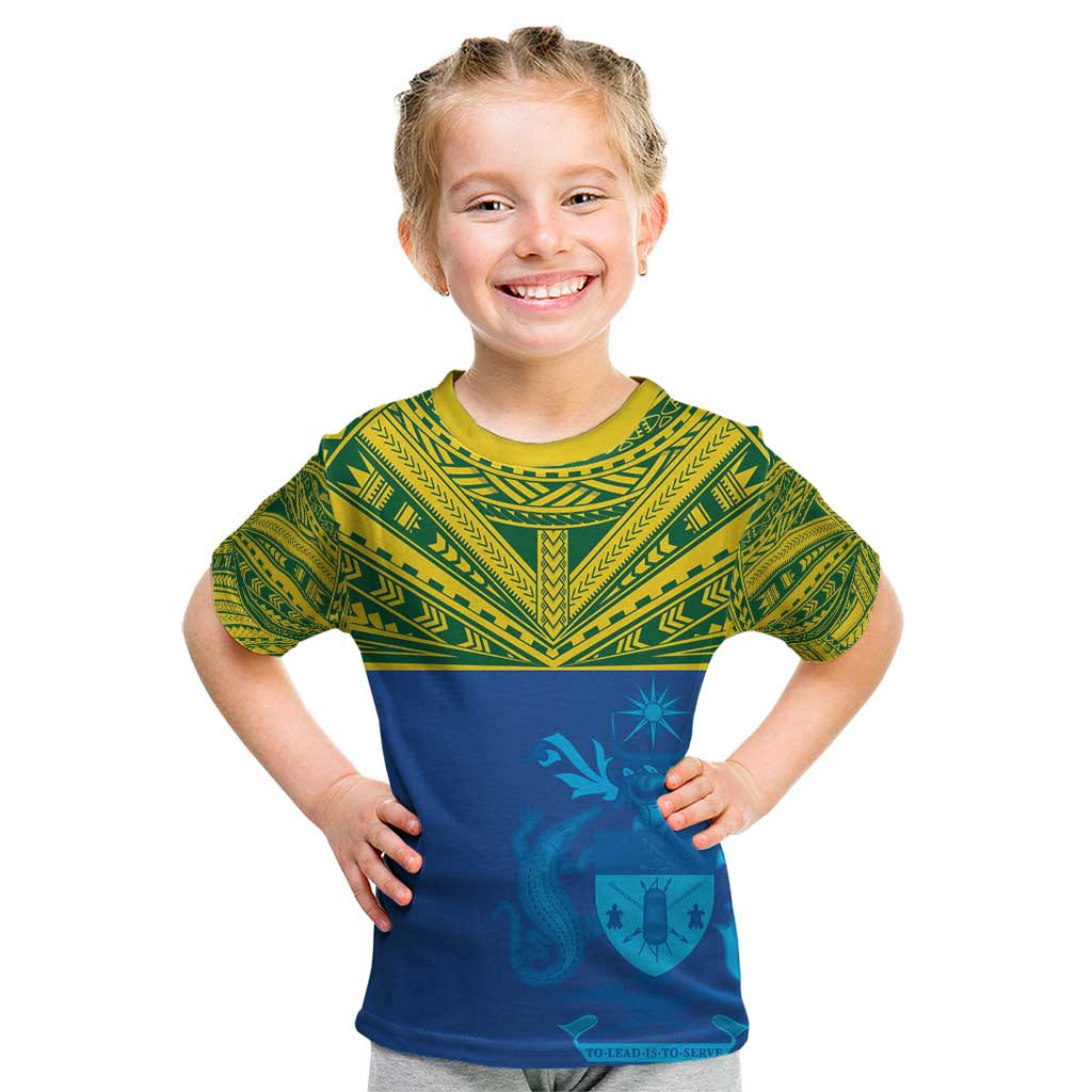 Solomon Islands Rugby Custom Kid T Shirt Simple Coat of arm Polynesian Pattern LT9 Gold - Polynesian Pride