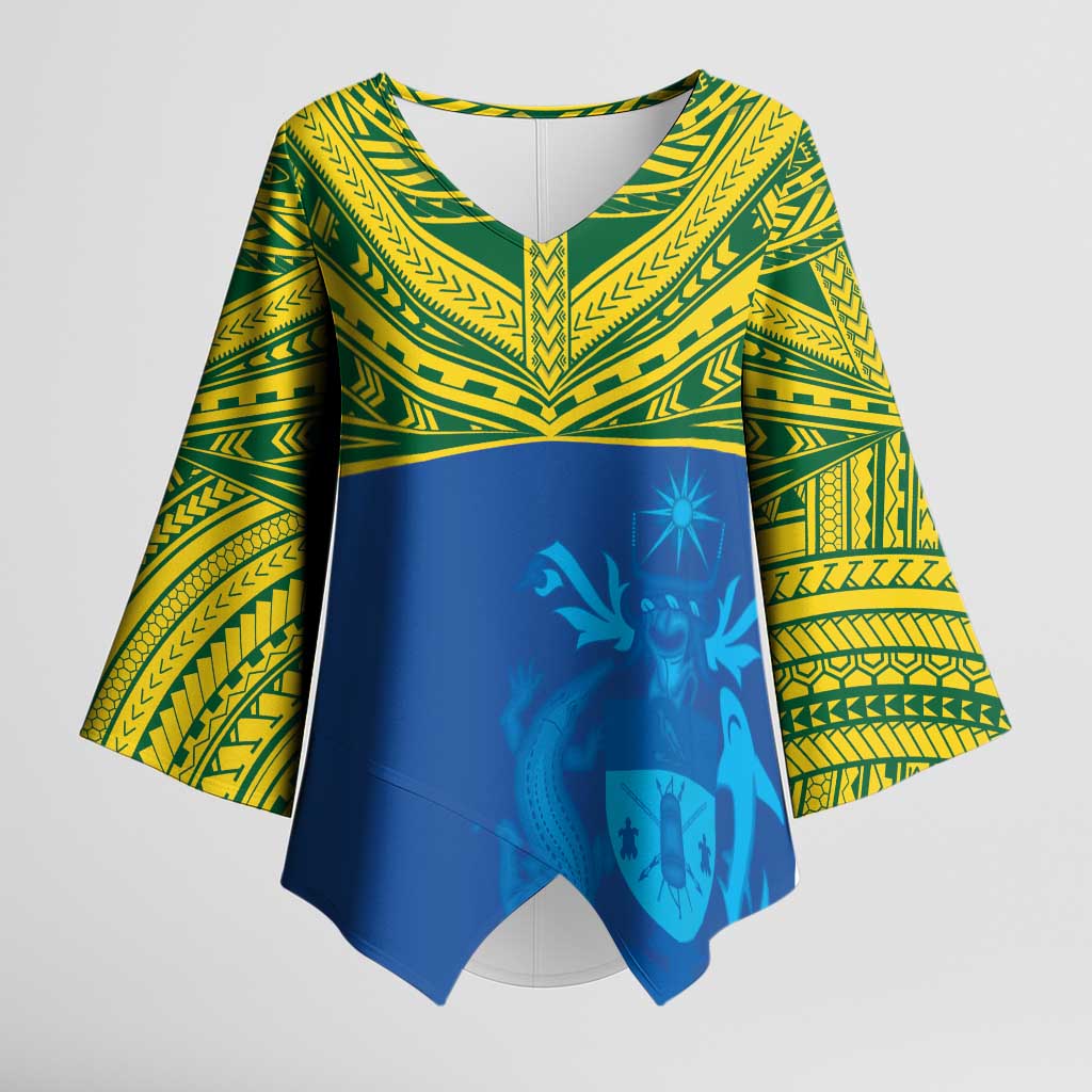 Solomon Islands Rugby Custom Kimono Sleeve Blouse Simple Coat of arm Polynesian Pattern - Polynesian Pride