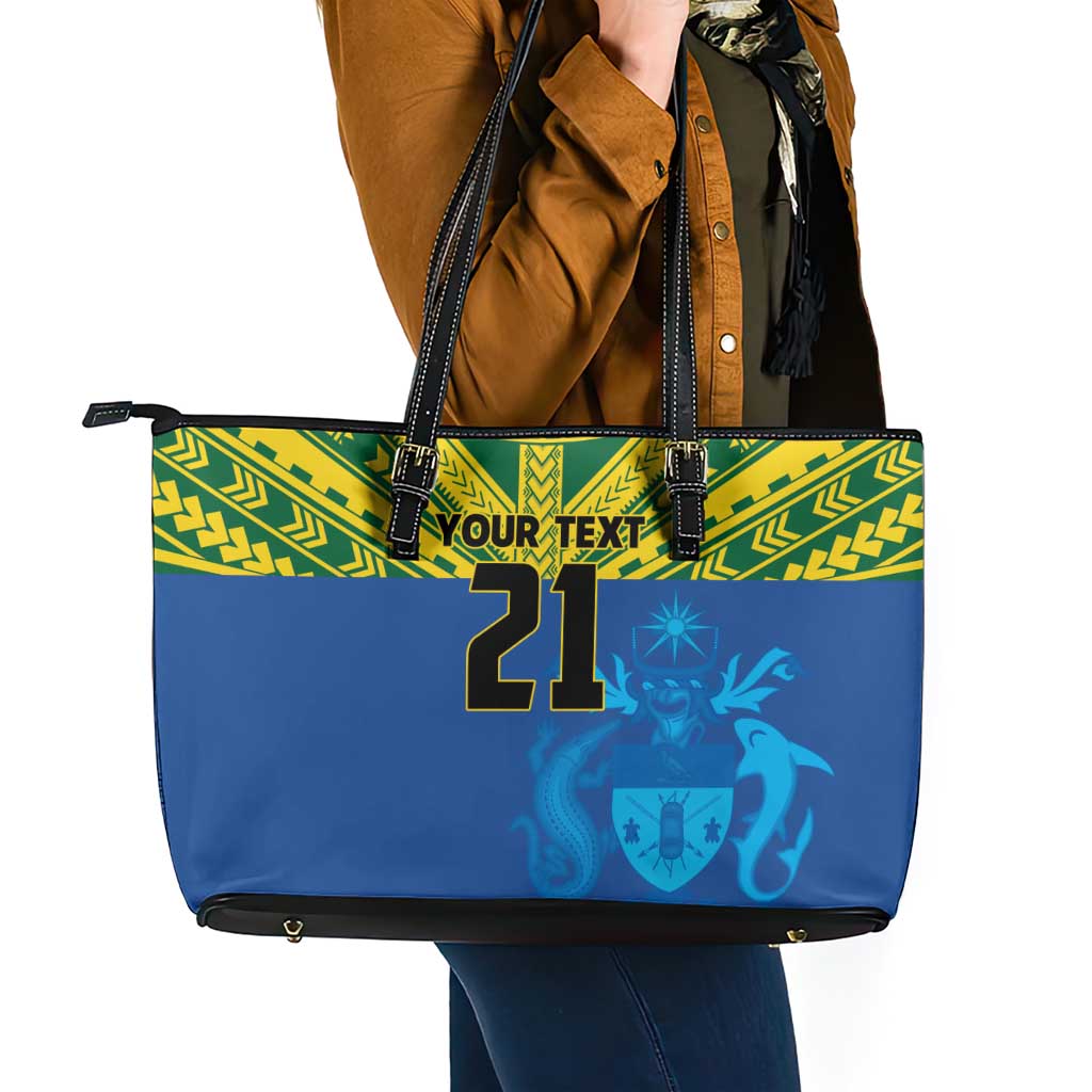 Solomon Islands Rugby Custom Leather Tote Bag Simple Coat of arm Polynesian Pattern LT9 - Polynesian Pride