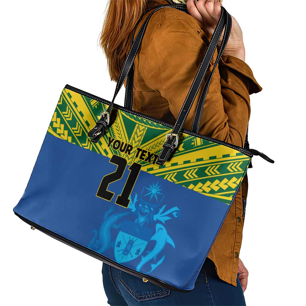 Solomon Islands Rugby Custom Leather Tote Bag Simple Coat of arm Polynesian Pattern LT9 - Polynesian Pride