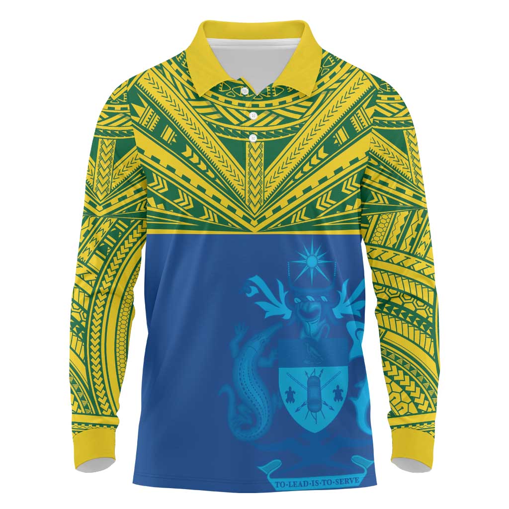 Solomon Islands Rugby Custom Long Sleeve Polo Shirt Simple Coat of arm Polynesian Pattern