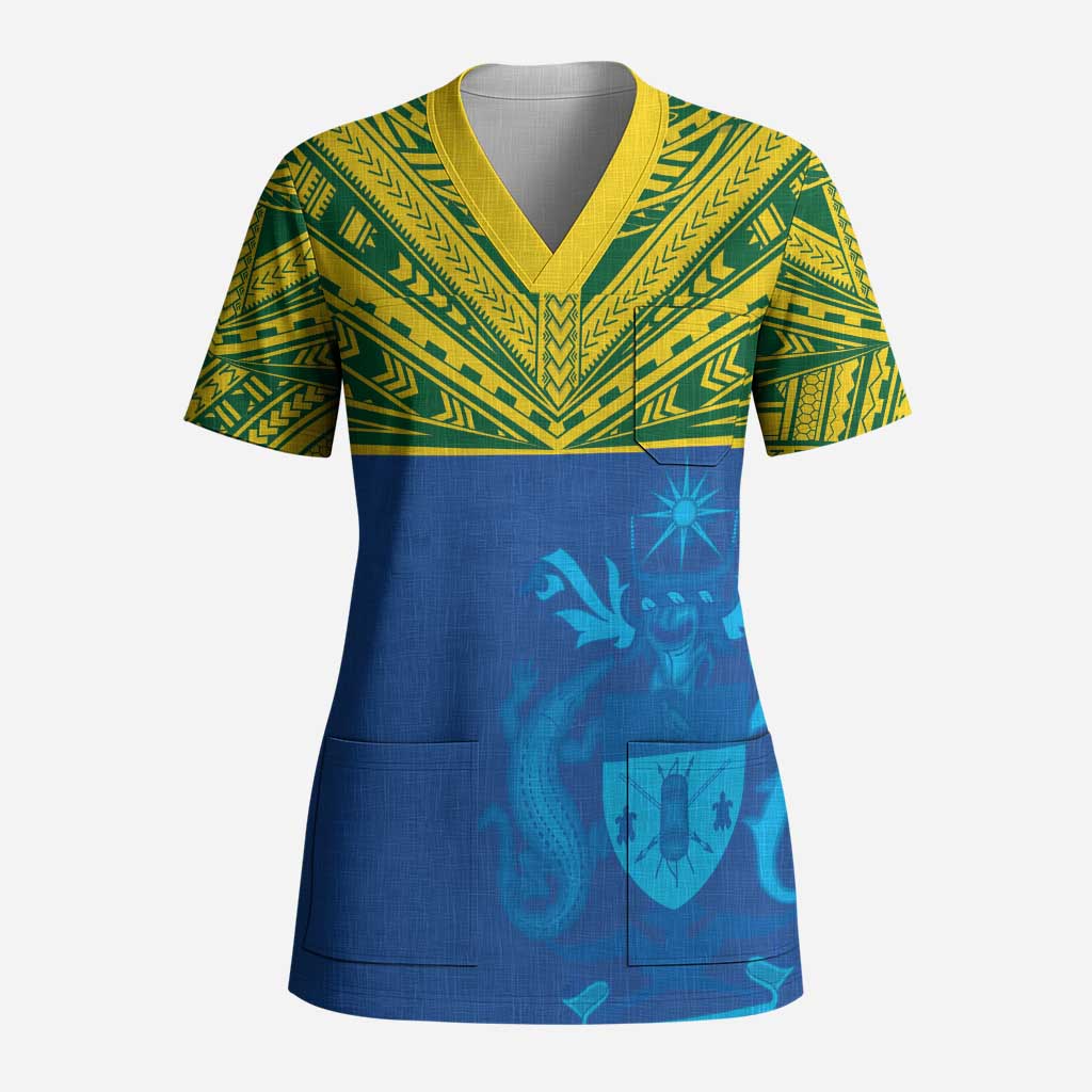 Solomon Islands Rugby Custom Scrub Top Simple Coat of arm Polynesian Pattern - Polynesian Pride