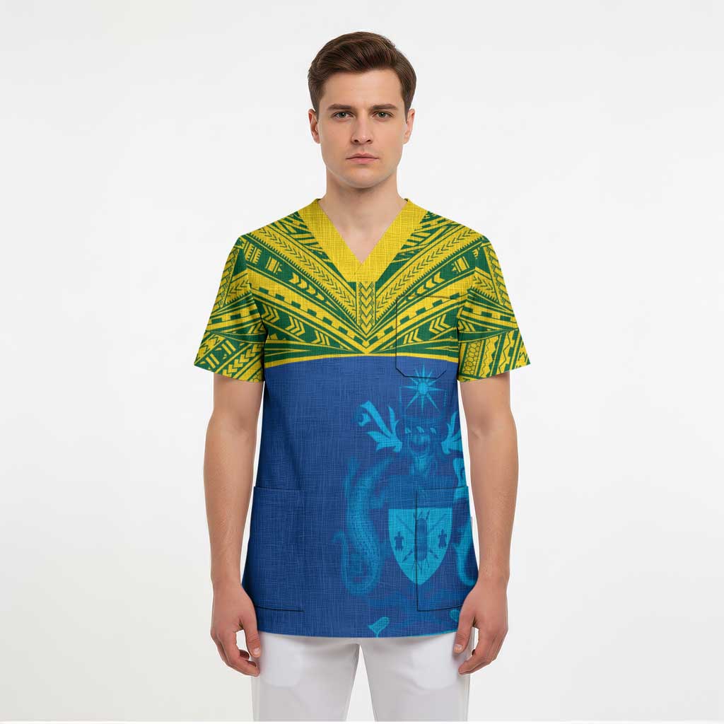 Solomon Islands Rugby Custom Scrub Top Simple Coat of arm Polynesian Pattern - Polynesian Pride