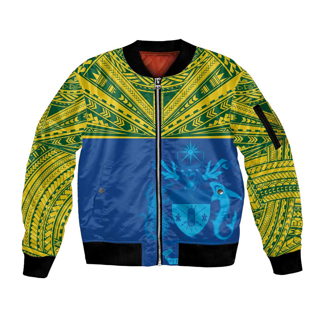 Solomon Islands Rugby Custom Sleeve Zip Bomber Jacket Simple Coat of arm Polynesian Pattern