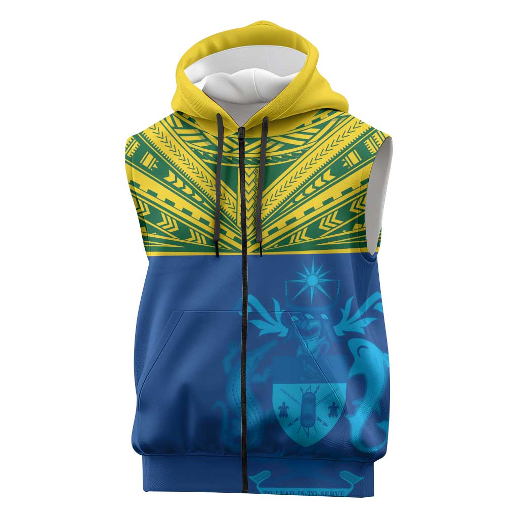 Solomon Islands Rugby Custom Sleeveless Zip Hoodie Simple Coat of arm Polynesian Pattern - Polynesian Pride