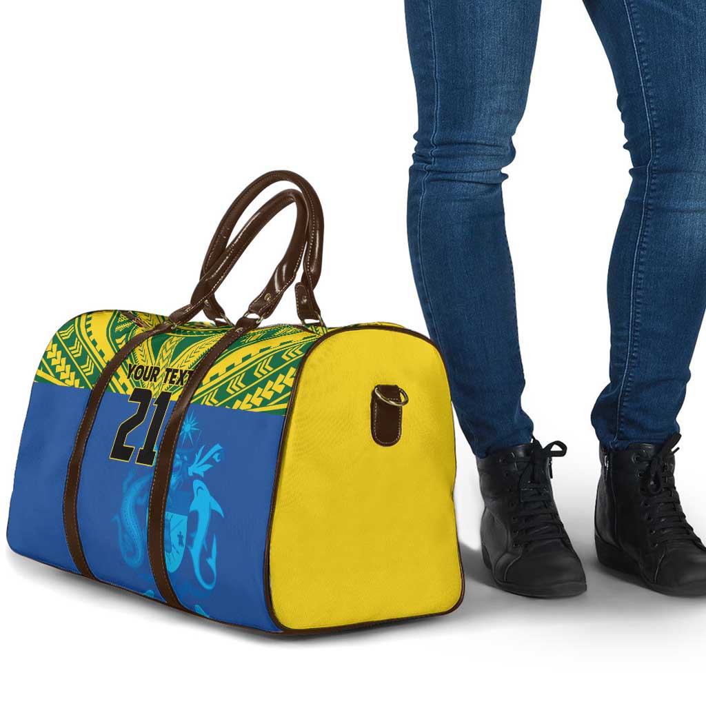 Solomon Islands Rugby Custom Travel Bag Simple Coat of arm Polynesian Pattern - Polynesian Pride
