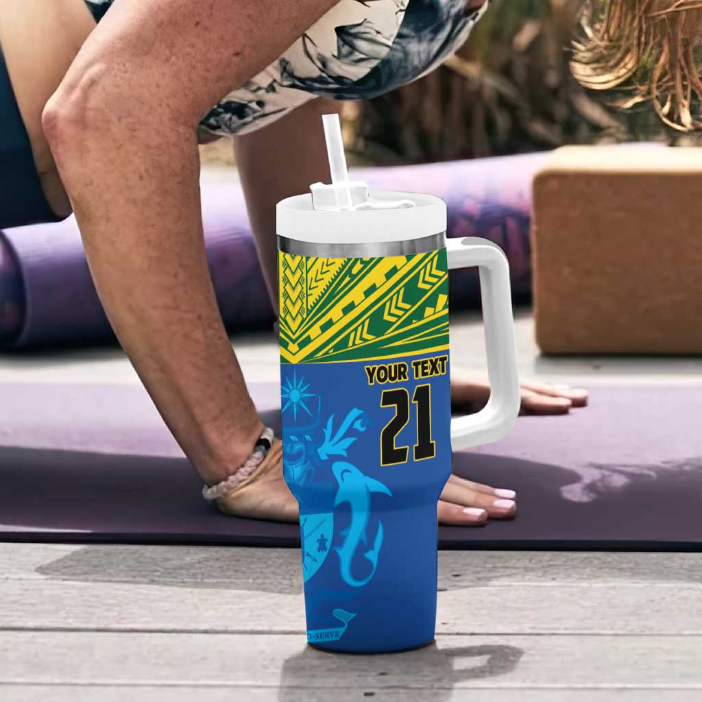 Solomon Islands Rugby Custom Tumbler With Handle Simple Coat of arm Polynesian Pattern