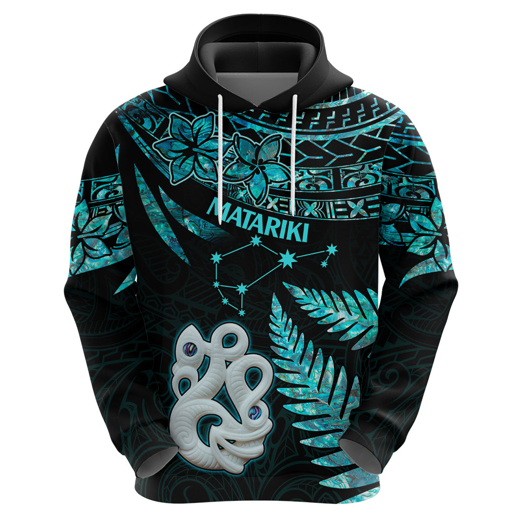Matariki New Zealand Hoodie Maori Manaia with Paua Shell Aqua LT9 - Polynesian Pride