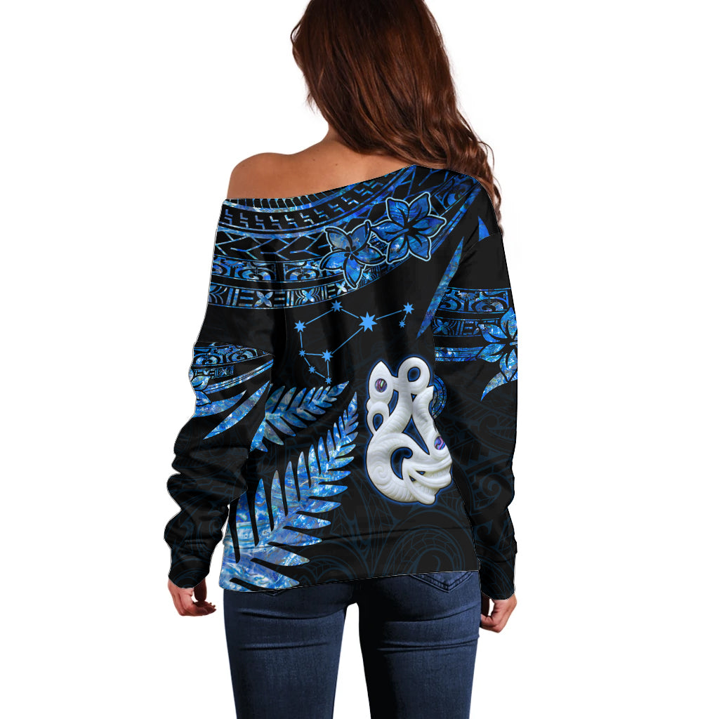 Custom Matariki New Zealand Off Shoulder Sweater Maori Manaia with Paua Shell - Blue LT9 - Polynesian Pride