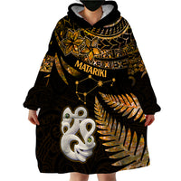 Maori Wearable Blanket Hoodie Matariki Stars Manaia with Paua Shell - Gold LT9 - Polynesian Pride