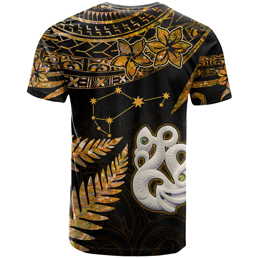 Custom Maori T Shirt Matariki Stars Manaia with Paua Shell Gold LT9 - Polynesian Pride
