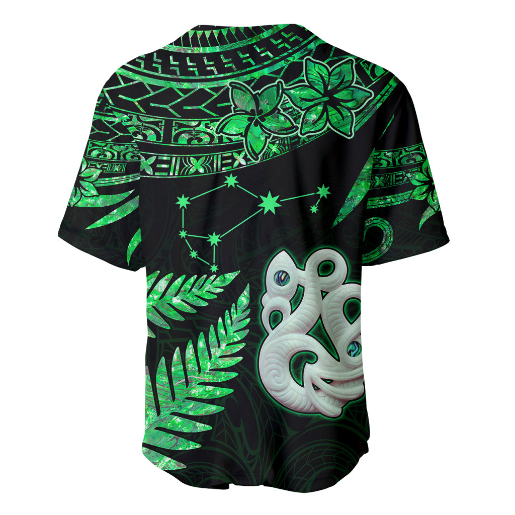 Maori Baseball Jersey Matariki Stars Manaia with Paua Shell - Green LT9 - Polynesian Pride
