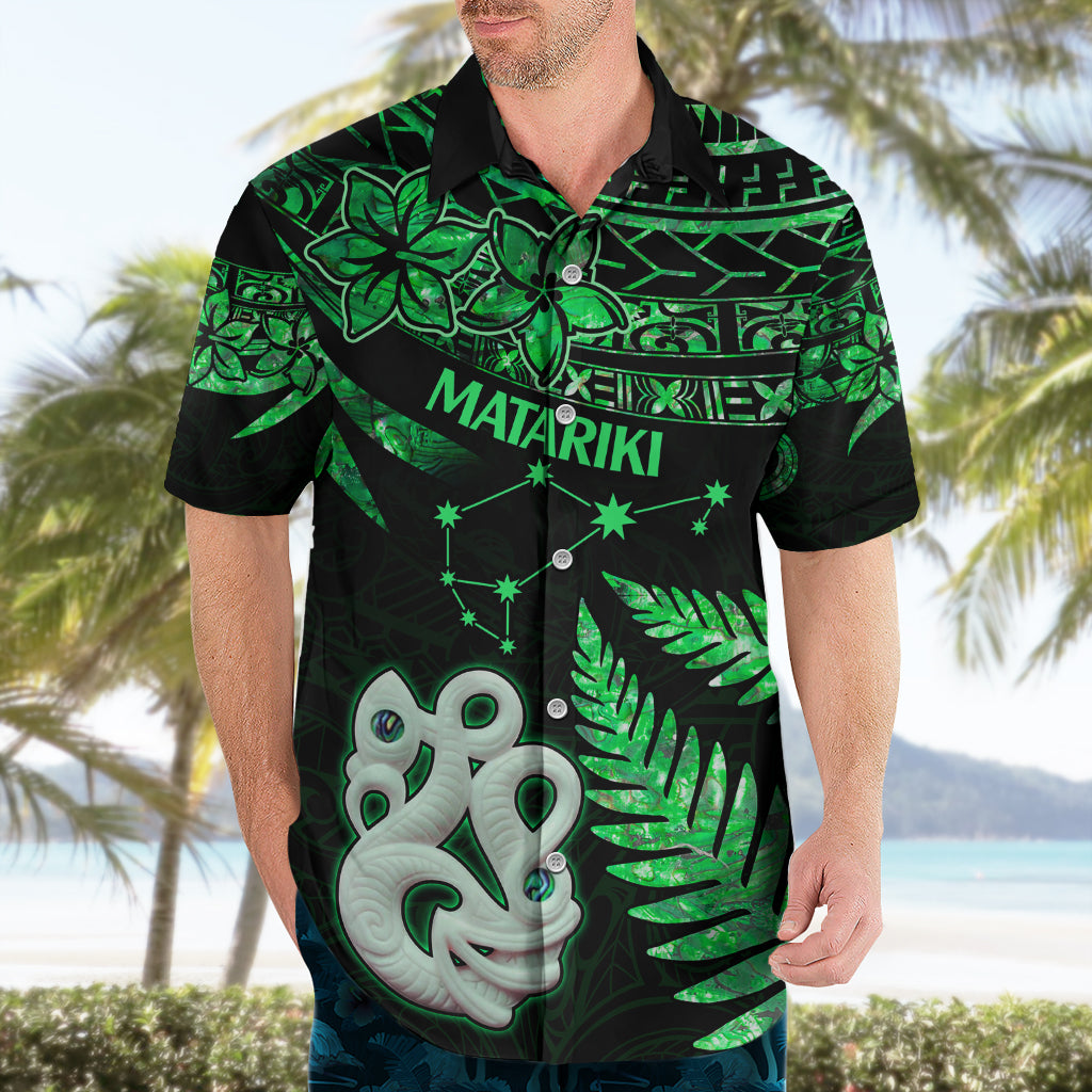 Maori Hawaiian Shirt Matariki Stars Manaia with Paua Shell - Green LT9 - Polynesian Pride