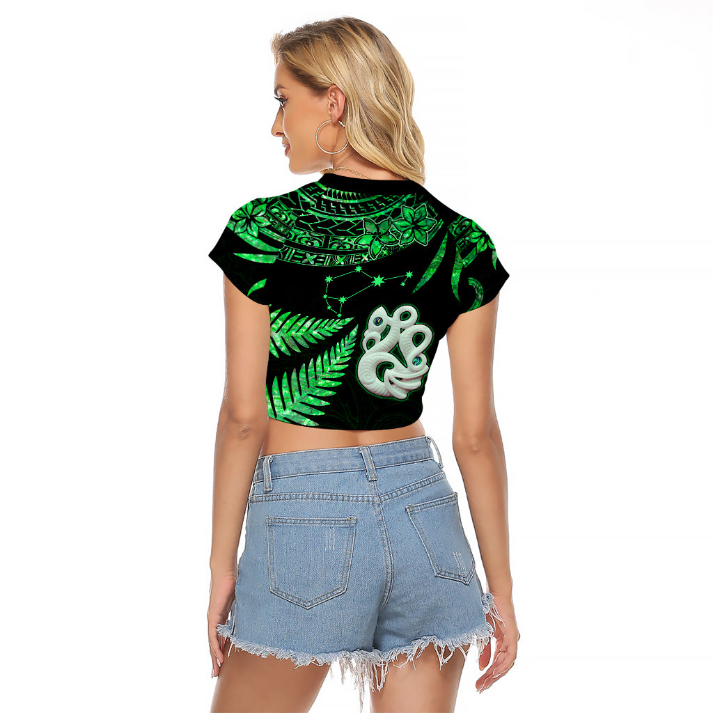 Custom Maori Raglan Cropped T Shirt Matariki Stars Manaia with Paua Shell - Green LT9 - Polynesian Pride