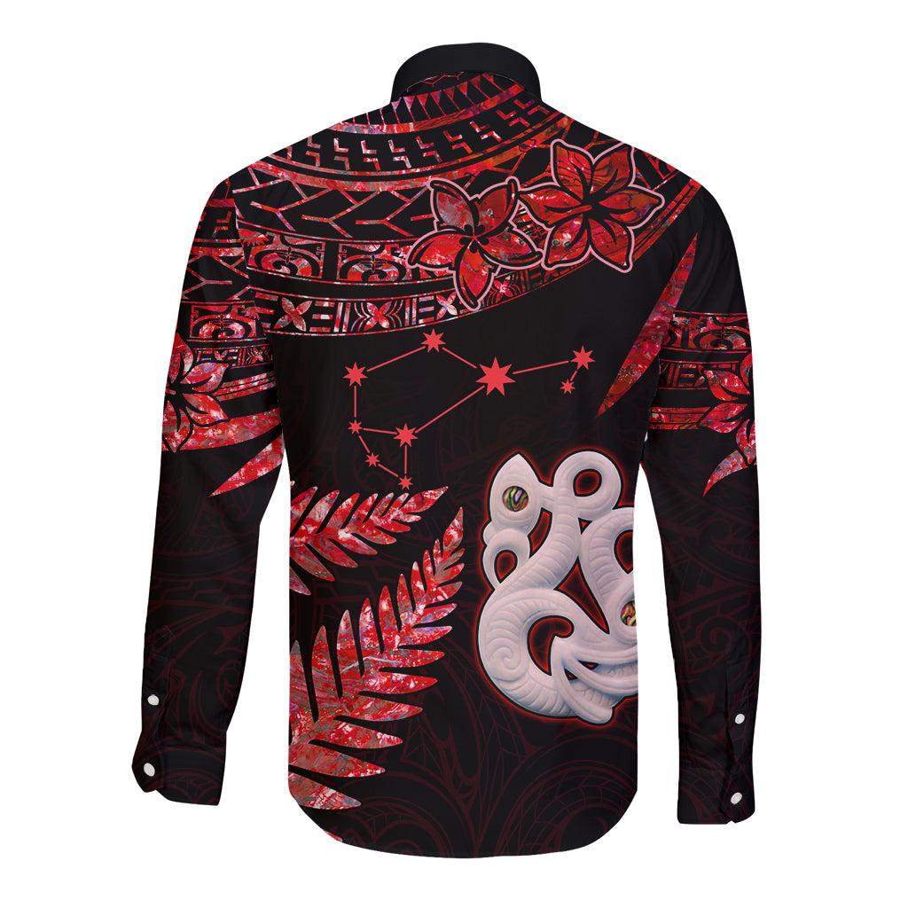 Matariki Long Sleeve Button Shirt NZ New Year Manaia with Paua Shell - Red LT9 - Polynesian Pride