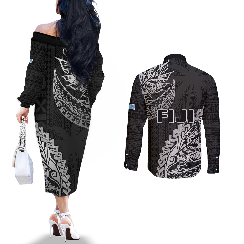 Fiji Rugby Couples Matching Off The Shoulder Long Sleeve Dress and Long Sleeve Button Shirt Kaiviti Fijian Tribal World Cup Black LT9 - Polynesian Pride