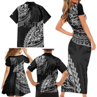 Fiji Rugby Family Matching Short Sleeve Bodycon Dress and Hawaiian Shirt Kaiviti Fijian Tribal World Cup Black LT9 - Polynesian Pride