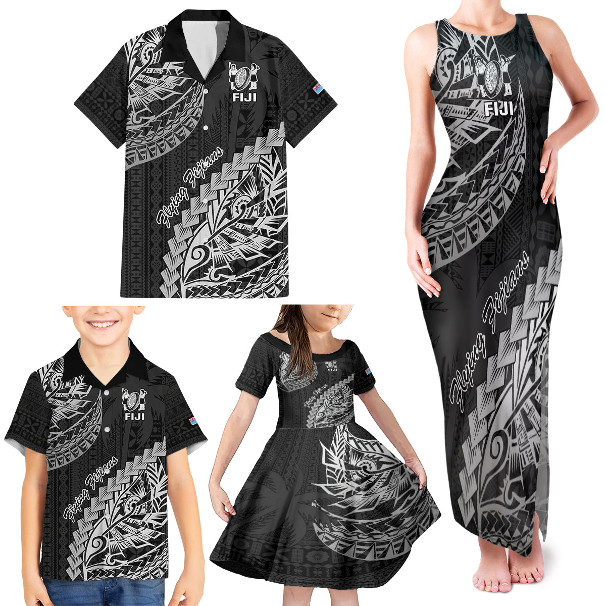 Fiji Rugby Family Matching Tank Maxi Dress and Hawaiian Shirt Kaiviti Fijian Tribal World Cup Black LT9 - Polynesian Pride