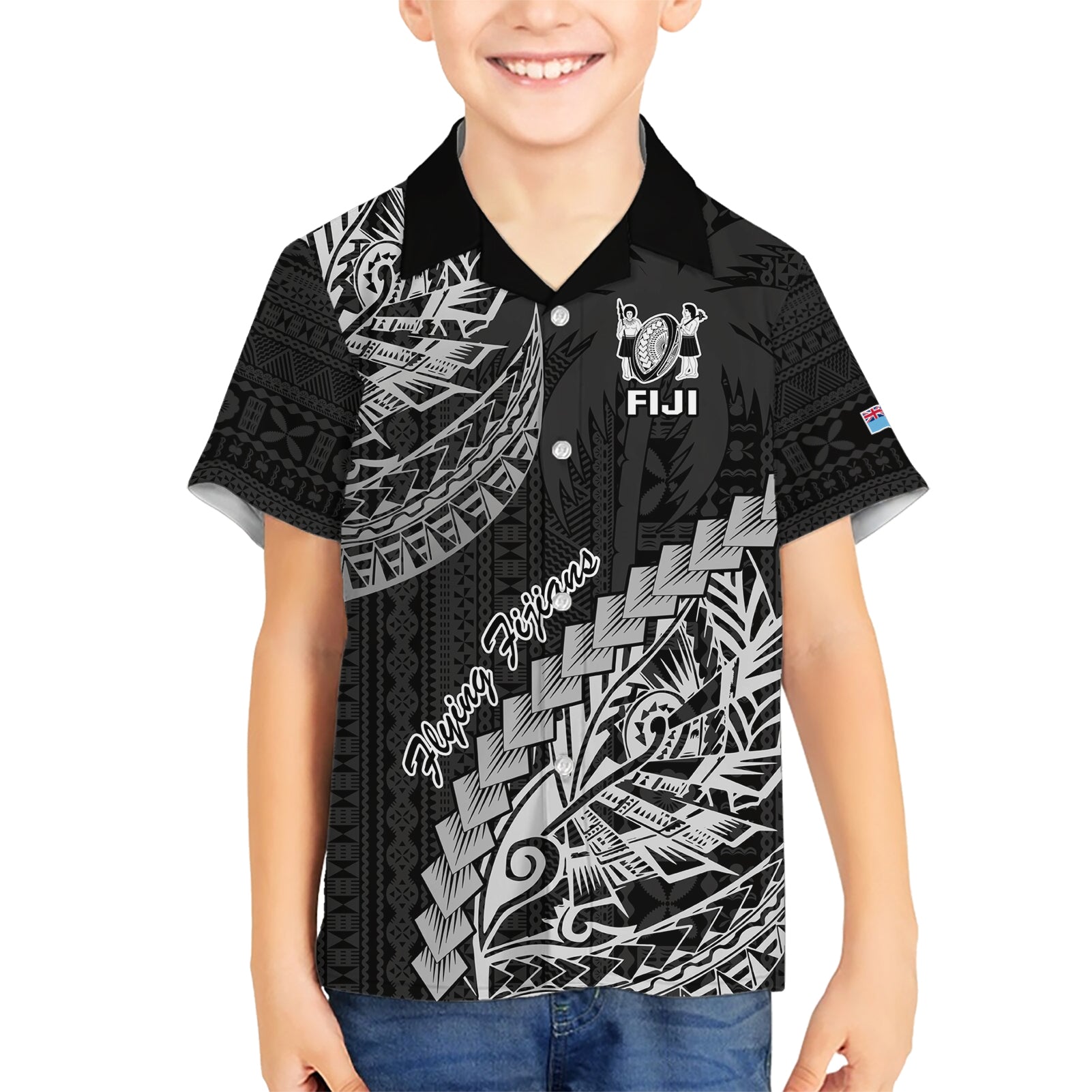 Fiji Rugby Kid Hawaiian Shirt Kaiviti Fijian Tribal World Cup Black LT9 Kid Black - Polynesian Pride