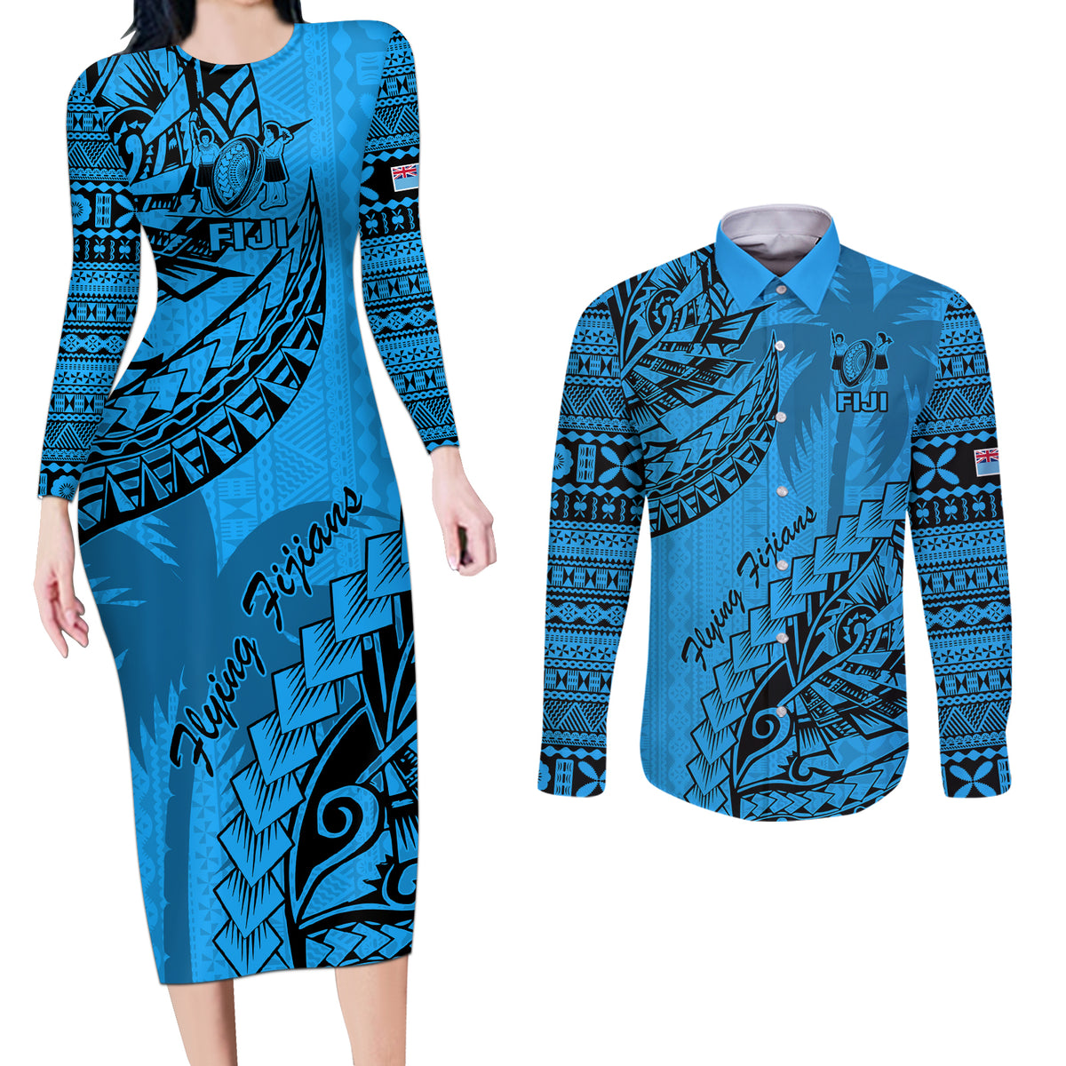 Fiji Rugby Couples Matching Long Sleeve Bodycon Dress and Long Sleeve Button Shirt Kaiviti Fijian Tribal World Cup Blue No1 LT9 Blue - Polynesian Pride