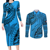 Fiji Rugby Couples Matching Long Sleeve Bodycon Dress and Long Sleeve Button Shirt Kaiviti Fijian Tribal World Cup Blue No1 LT9 Blue - Polynesian Pride