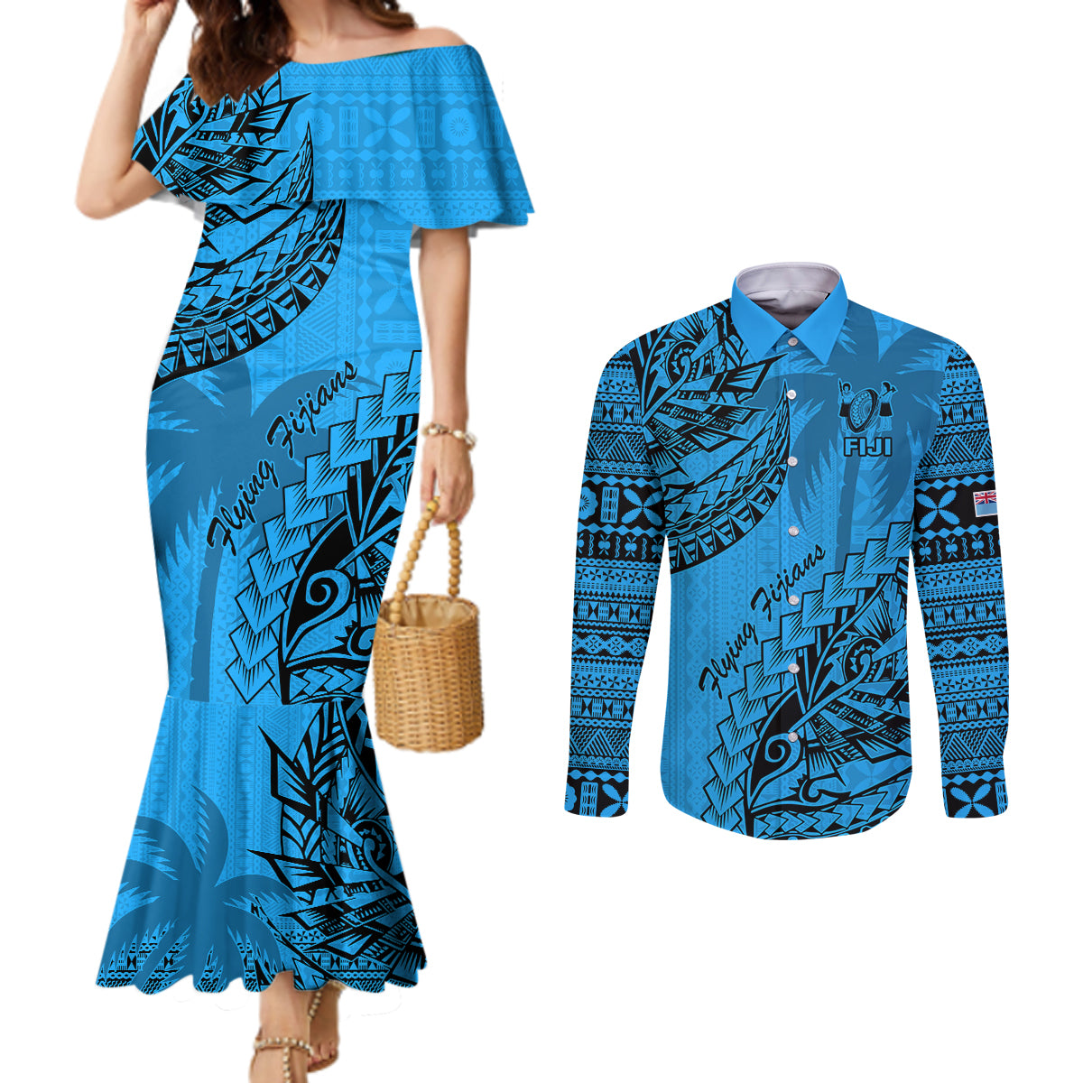 Fiji Rugby Couples Matching Mermaid Dress and Long Sleeve Button Shirt Kaiviti Fijian Tribal World Cup Blue No1 LT9 Blue - Polynesian Pride
