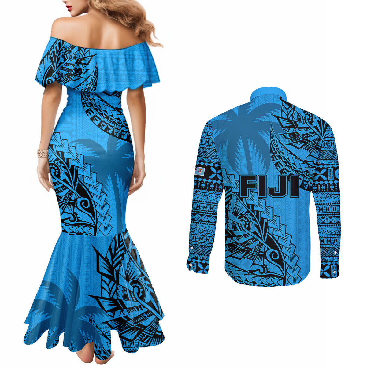 Fiji Rugby Couples Matching Mermaid Dress and Long Sleeve Button Shirt Kaiviti Fijian Tribal World Cup Blue No1 LT9 - Polynesian Pride