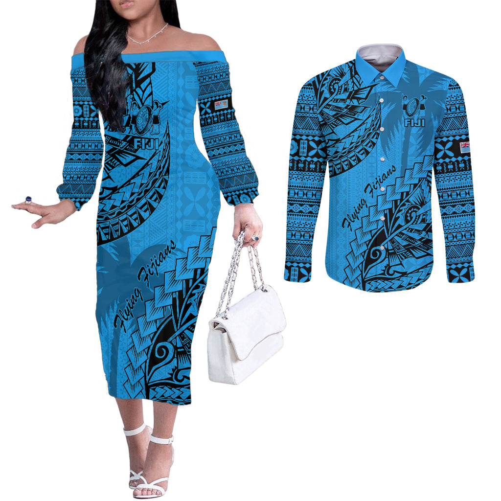 Fiji Rugby Couples Matching Off The Shoulder Long Sleeve Dress and Long Sleeve Button Shirt Kaiviti Fijian Tribal World Cup Blue No1 LT9 Blue - Polynesian Pride