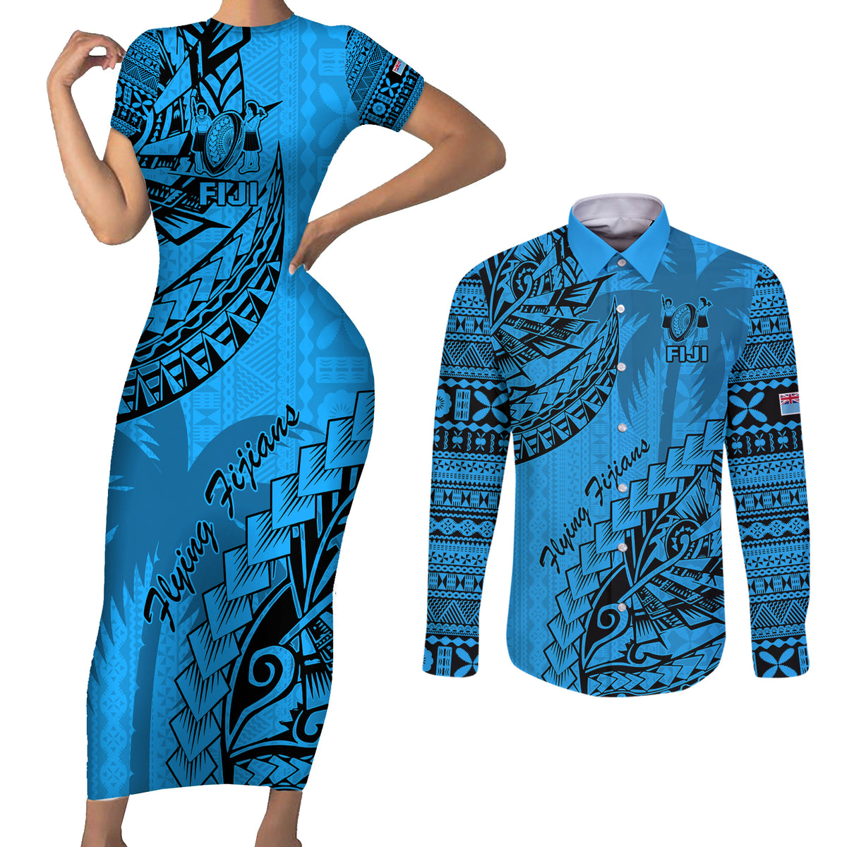 Fiji Rugby Couples Matching Short Sleeve Bodycon Dress and Long Sleeve Button Shirt Kaiviti Fijian Tribal World Cup Blue No1 LT9 Blue - Polynesian Pride