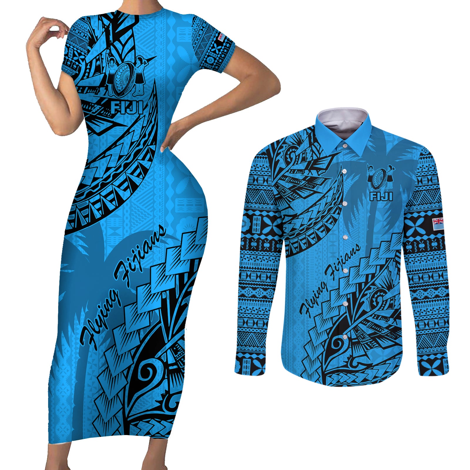 Fiji Rugby Couples Matching Short Sleeve Bodycon Dress and Long Sleeve Button Shirt Kaiviti Fijian Tribal World Cup Blue No1 LT9 Blue - Polynesian Pride