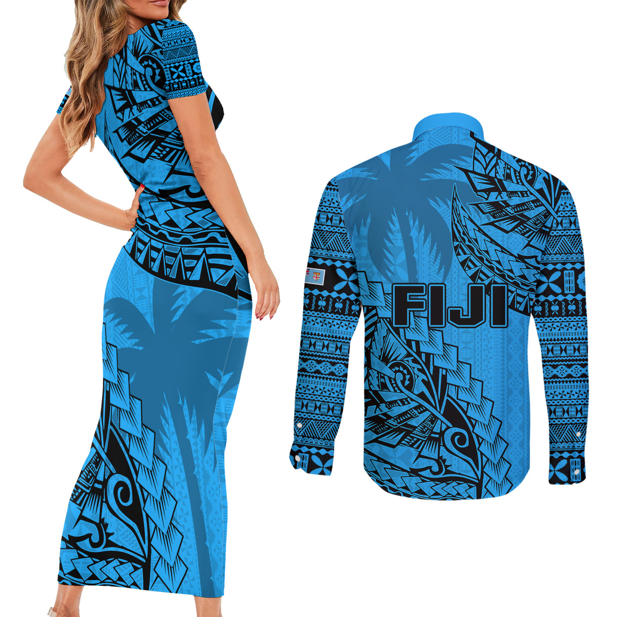 Fiji Rugby Couples Matching Short Sleeve Bodycon Dress and Long Sleeve Button Shirt Kaiviti Fijian Tribal World Cup Blue No1 LT9 - Polynesian Pride