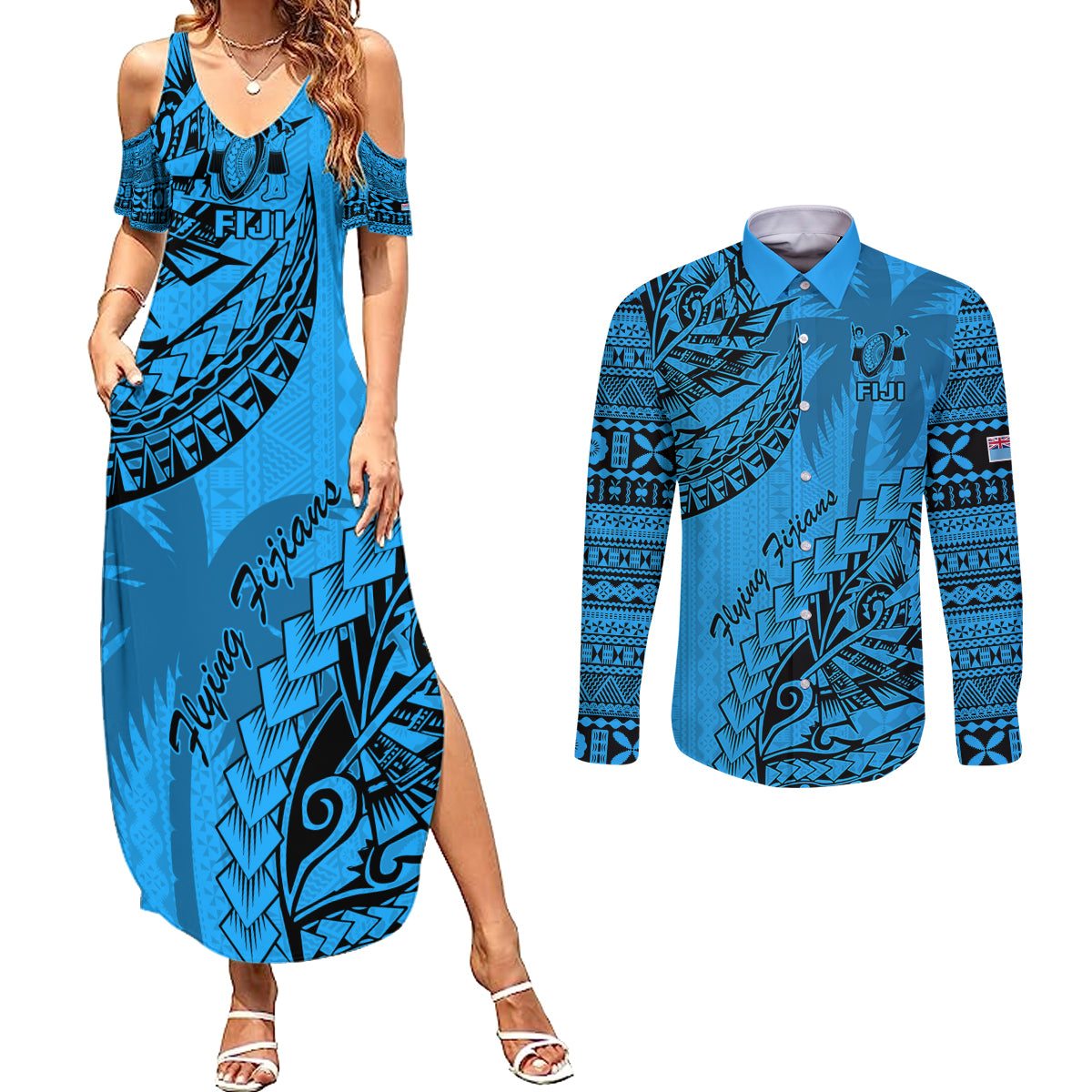 Fiji Rugby Couples Matching Summer Maxi Dress and Long Sleeve Button Shirt Kaiviti Fijian Tribal World Cup Blue No1 LT9 Blue - Polynesian Pride