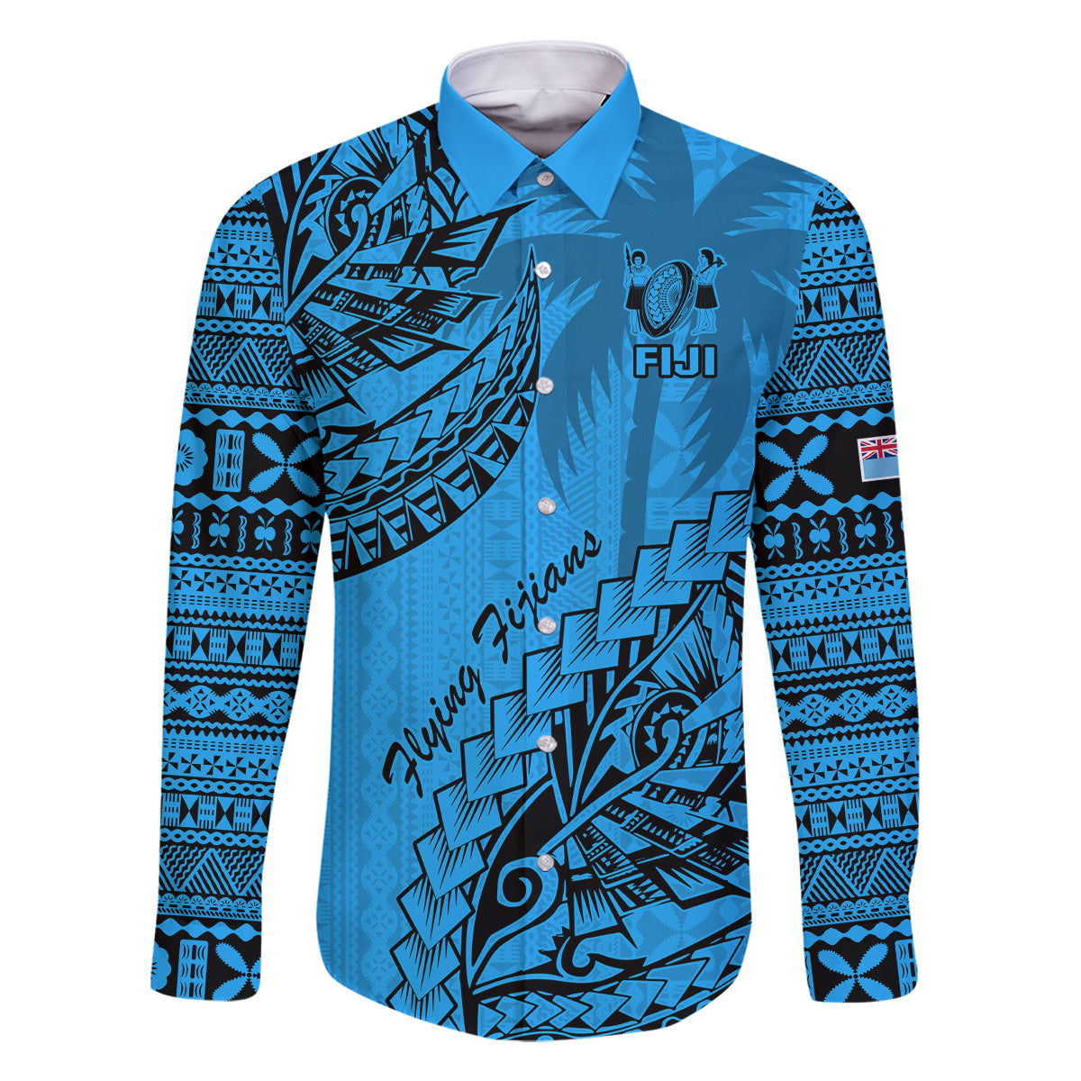 Fiji Rugby Family Matching Off Shoulder Maxi Dress and Hawaiian Shirt Kaiviti Fijian Tribal World Cup Blue No1 LT9 Dad's Shirt - Long Sleeve Blue - Polynesian Pride